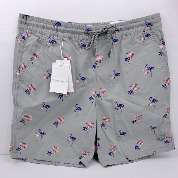 DENIM & FLOWER, RICKY SINGH, GREY WITH FLAMINGO & PALM TREES IN US FLAG, SIZE 32 - Picture 5 of 16